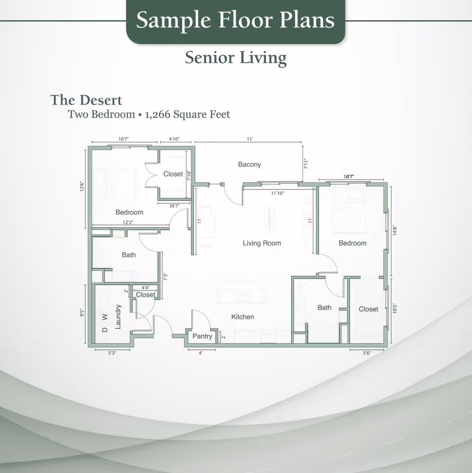 Floor plan titled 'The Desert' for senior living, showing a two-bedroom layout with 1,266 square feet. The plan includes two bedrooms each with a closet, two bathrooms, a living room, kitchen with pantry, laundry area with washer and dryer, and a balcony.