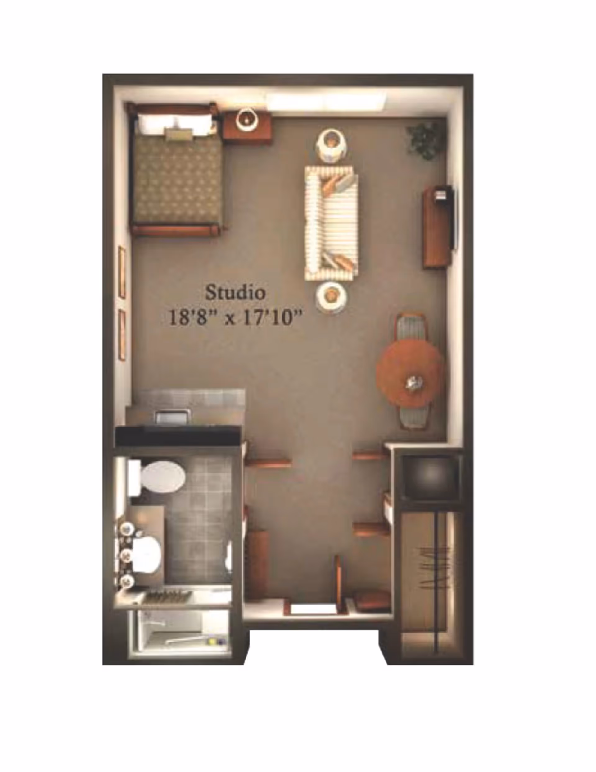 Floor plan of a studio apartment measuring 18 feet 8 inches by 17 feet 10 inches, featuring a bed in the top left corner, a sofa and two small tables in the center, a round dining table with two chairs on the right side, a bathroom with a toilet, sink, and shower in the bottom left corner, and a closet area in the bottom right corner.