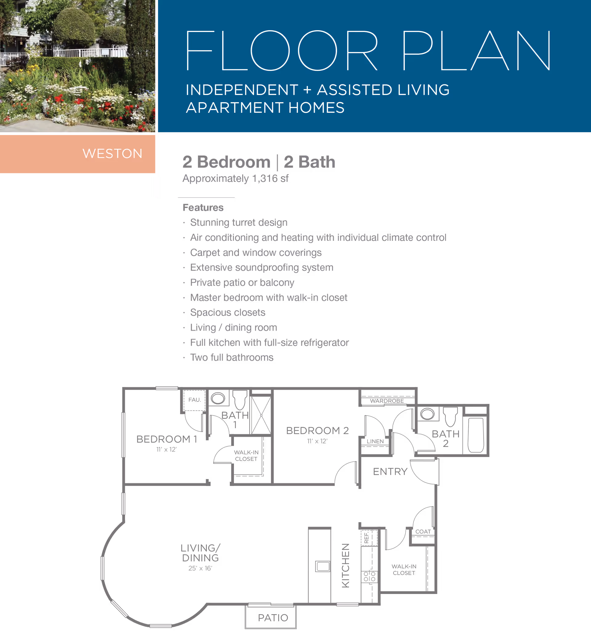Floor plan for a 2 bedroom, 2 bath independent and assisted living apartment home named Weston at Byron Park. The layout includes two bedrooms, two bathrooms, a living/dining area, kitchen, entry, closets, and a patio. Features listed include stunning turret design, individual climate control, carpet and window coverings, soundproofing, private patio or balcony, walk-in closets, spacious closets, full kitchen with full-size refrigerator, and two full bathrooms. A small photo of a garden with flowers and trimmed bushes is shown in the top left corner.