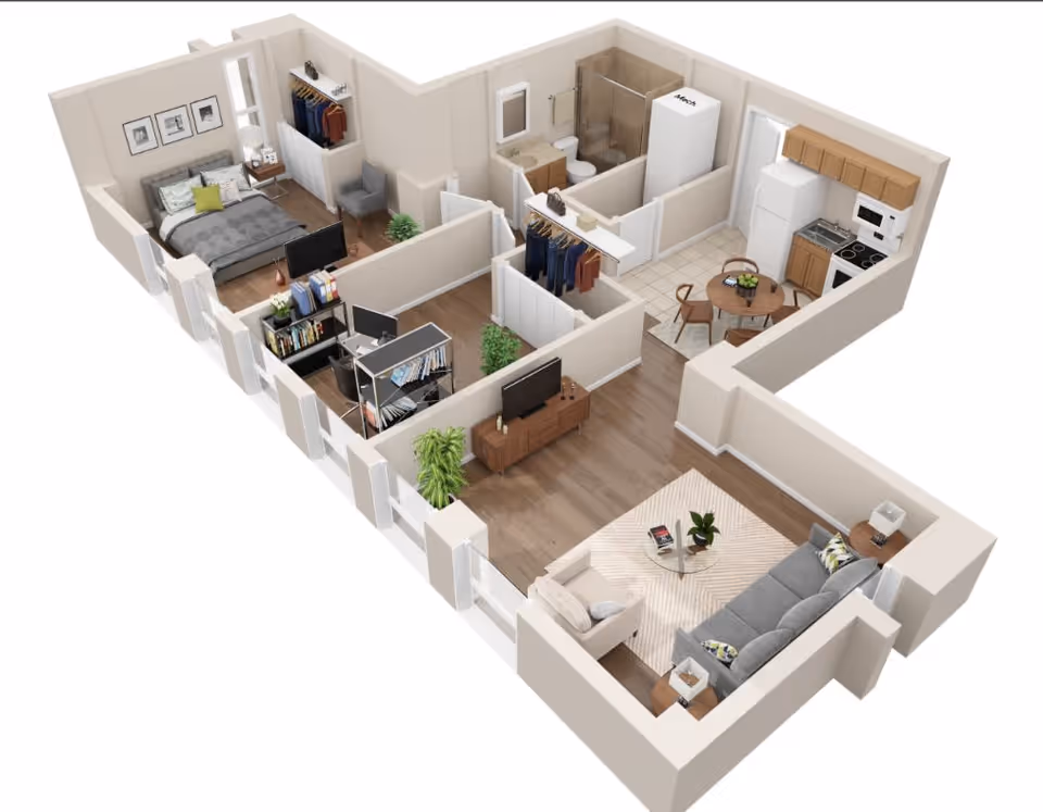 3D floor plan of an apartment featuring a bedroom with a bed, nightstand, and closet; a bathroom with a shower, toilet, and sink; a kitchen with appliances and a round dining table with chairs; a living room with a sofa, armchair, coffee table, and TV; and an office area with desks, chairs, and bookshelves.