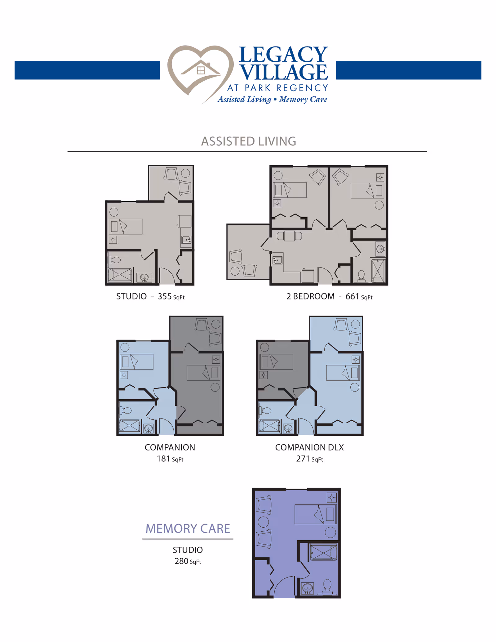 Floor plans for Legacy Village at Park Regency showing different assisted living and memory care apartment layouts including Studio (355 sq ft), 2 Bedroom (661 sq ft), Companion (181 sq ft), Companion Deluxe (271 sq ft), and Memory Care Studio (280 sq ft). Each layout includes basic furniture and bathroom placements.