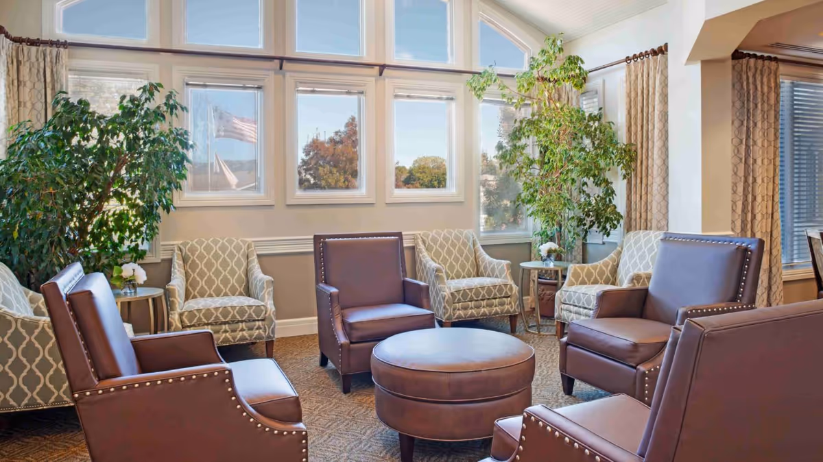 Sunlit communal lounge with leather armchairs, patterned side chairs, a round ottoman, potted plants, and large windows.