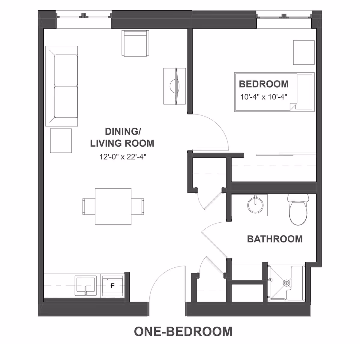 Floor plan of a one-bedroom apartment at Oasis At 30th, showing a dining/living room area with sofa, chair, table, and kitchen sink, a bedroom with bed and furniture, and a bathroom with sink, toilet, and shower.