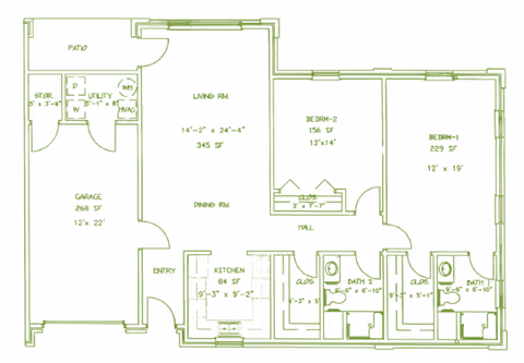 A green line floor plan of a residential unit showing a living room, kitchen, two bedrooms, two bathrooms, a garage, patio, and utility areas.