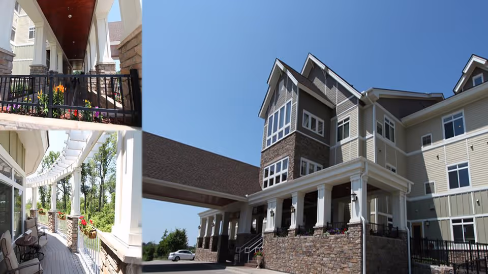 Collage of three images showing exterior views of a senior living facility. The largest image shows a multi-story building with stone and siding exterior, large windows, and a covered entrance with columns. The top-left image shows a covered walkway with stone pillars, black railing, and flower beds. The bottom-left image shows a patio area with chairs, tables, and flower boxes along a white pergola structure overlooking greenery.
