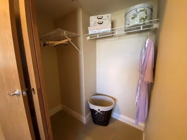 Small walk-in closet with beige walls and carpeted floor. There is a wire shelf with a floral storage box and two smaller decorative boxes on top. A purple robe is hanging on the right side of the shelf. Below the shelf is a dark woven laundry basket with a white liner. The closet door is partially open, showing a silver door handle.