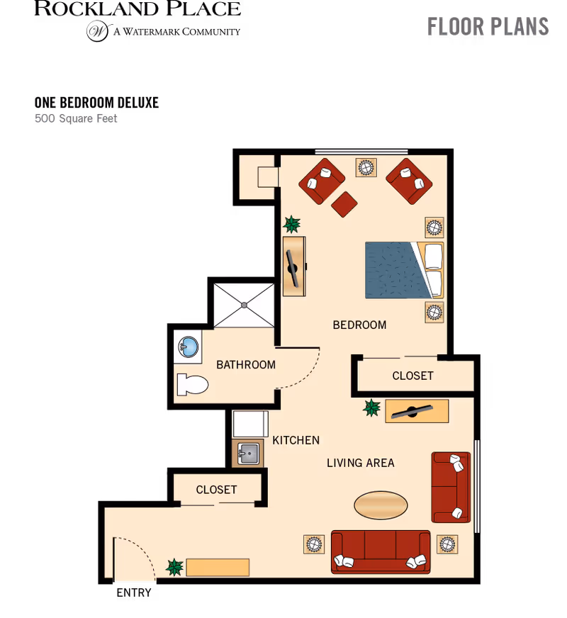 Floor plan of a 500 square feet apartment at Rockland Place showing a bedroom with two chairs and a bed, a bathroom with a toilet and sink, a kitchen area with a sink, a living area with two sofas and a coffee table, and two closets.