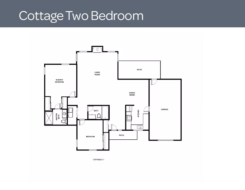 Architectural floor plan of a two-bedroom cottage showing layout with master bedroom, second bedroom, living room, dining room, kitchen, two patios, garage, master bath, and a second bath.
