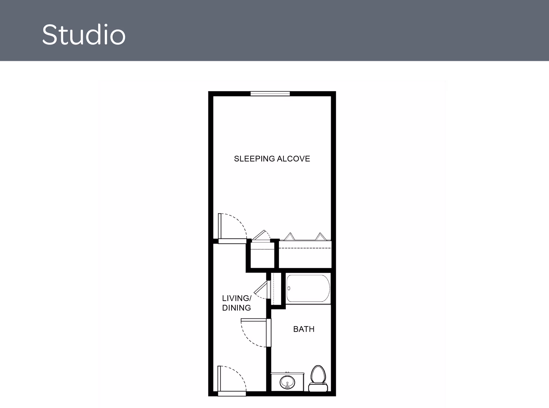 Floor plan layout of a studio apartment at Woodlands Village Senior Living Community, showing a sleeping alcove, living/dining area, and a bathroom with a bathtub, toilet, and sink.