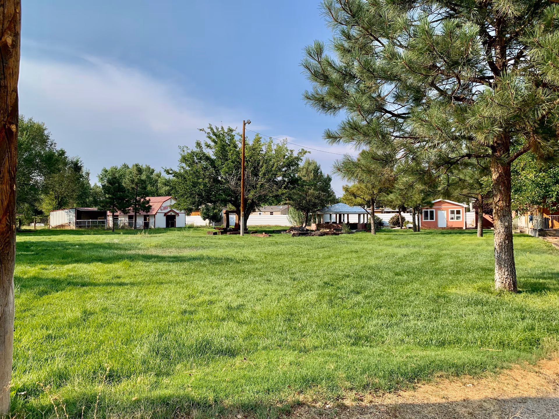 A large grassy outdoor area with several trees and small buildings in the background under a partly cloudy sky.