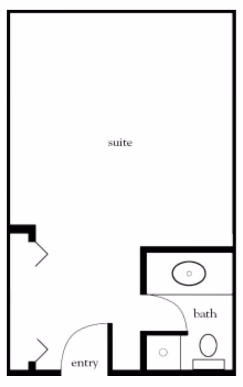 Floor plan layout showing an entry leading into a suite with an adjacent bathroom containing a sink and toilet.