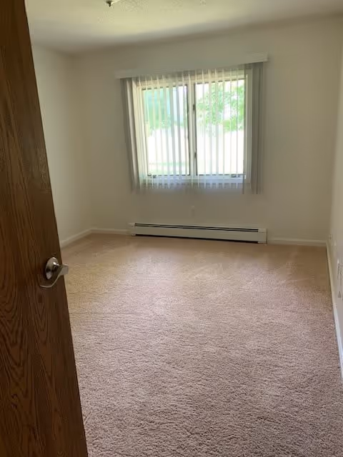 Empty carpeted bedroom with a window covered by vertical blinds, a baseboard heater, and an open wooden door.