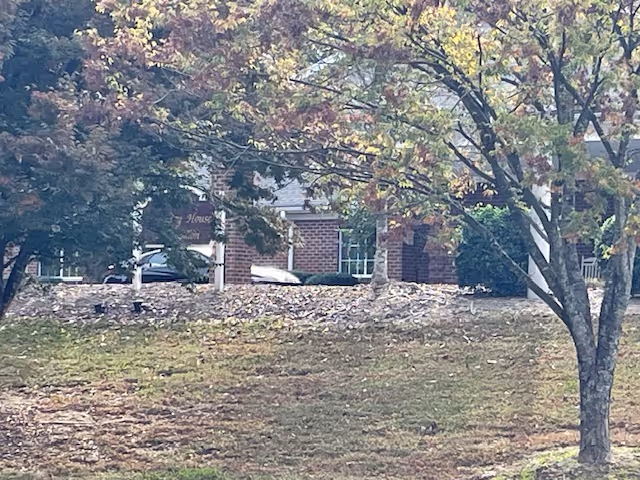 Brick building front partially obscured by trees with a grassy slope in the foreground.