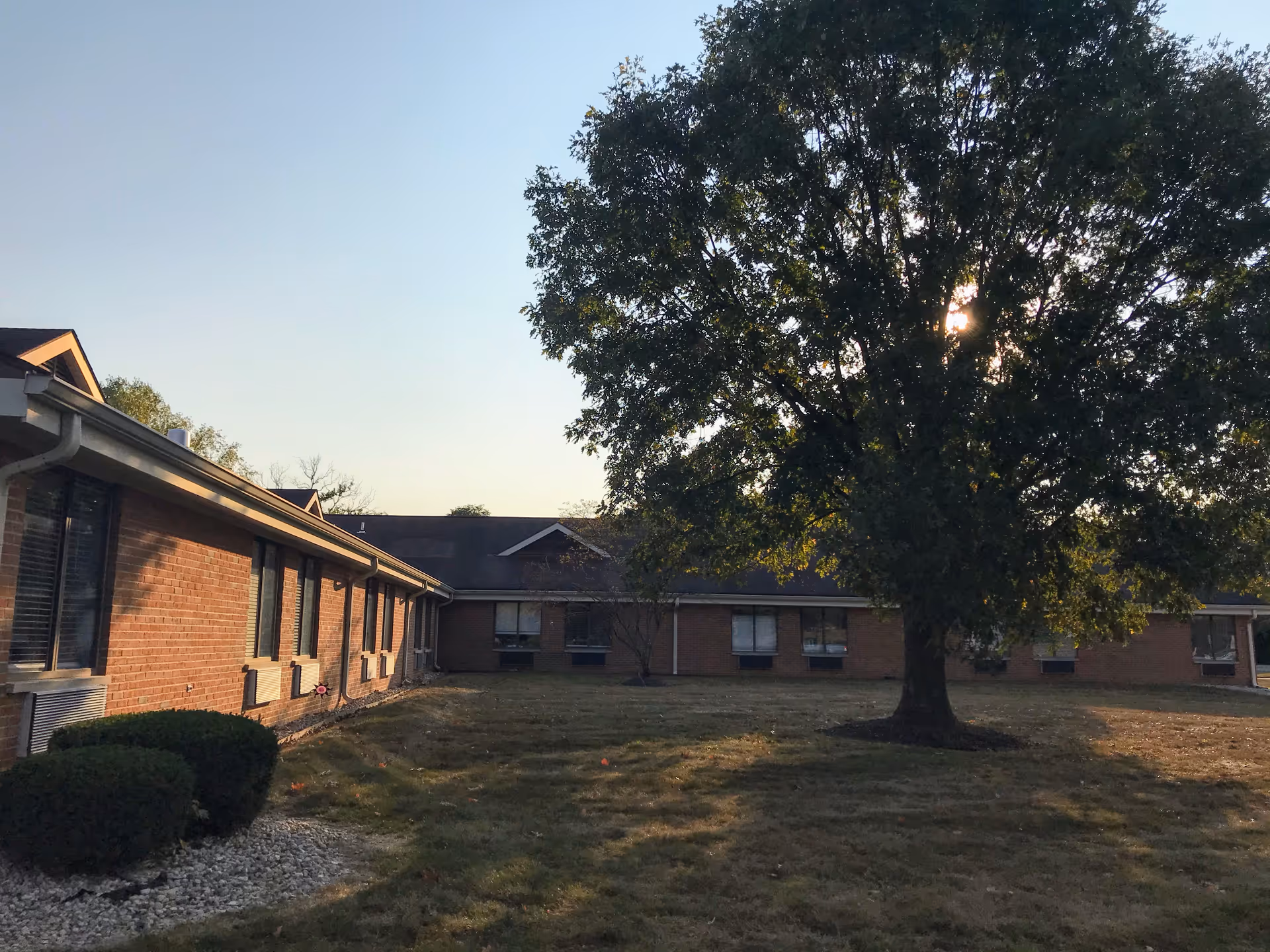 Exterior view of a single-story brick building with multiple windows, a large tree in the grassy courtyard, and clear blue sky in the background during late afternoon.