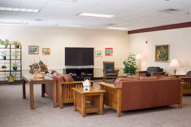 A spacious living room area with brown leather sofas, wooden side tables, a large flat-screen TV on a black stand, several framed paintings on the walls, potted plants, and a metal shelving unit with more plants. The room has a carpeted floor and a white drop ceiling with fluorescent lights.