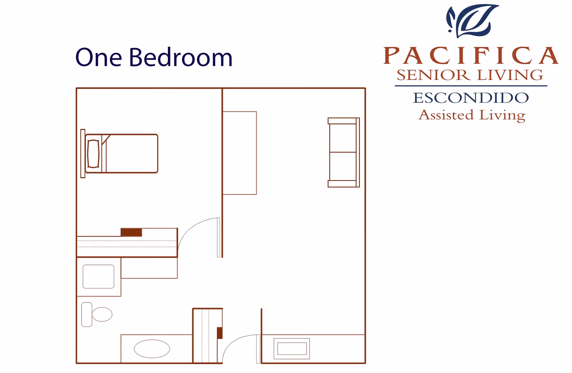Floor plan layout of a one-bedroom assisted living unit at Pacifica Senior Living Escondido, showing a bedroom with a bed, a bathroom with a toilet and bathtub, and a living area with a sofa.