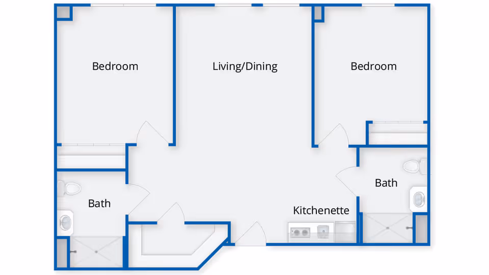 Floor plan layout of a living space at River Ridge at Avon showing two bedrooms, two bathrooms, a living/dining area, and a kitchenette.