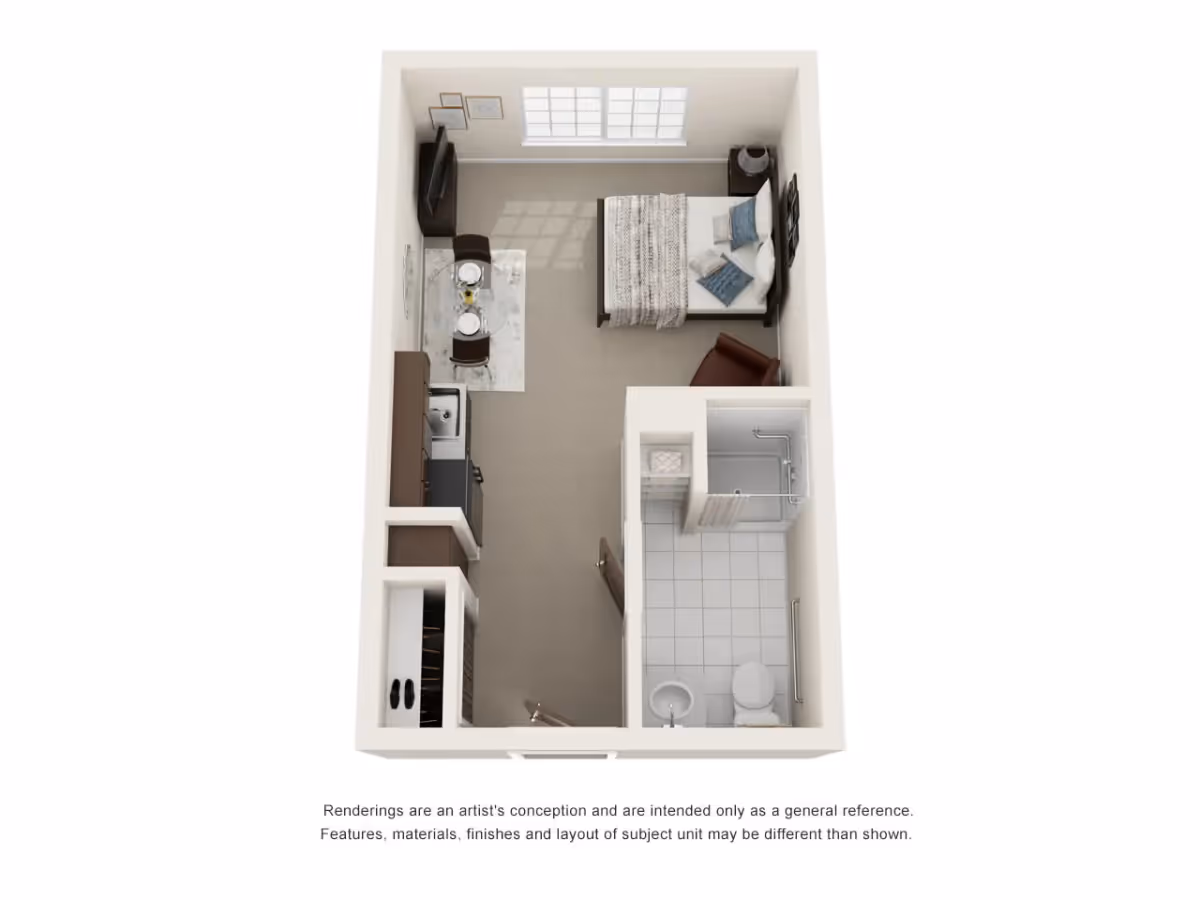 3D floor plan of a small studio apartment featuring a combined living and sleeping area with a bed, armchair, TV, and dining table for two. The kitchen area includes a sink and stove. There is a separate bathroom with a toilet, sink, and shower.