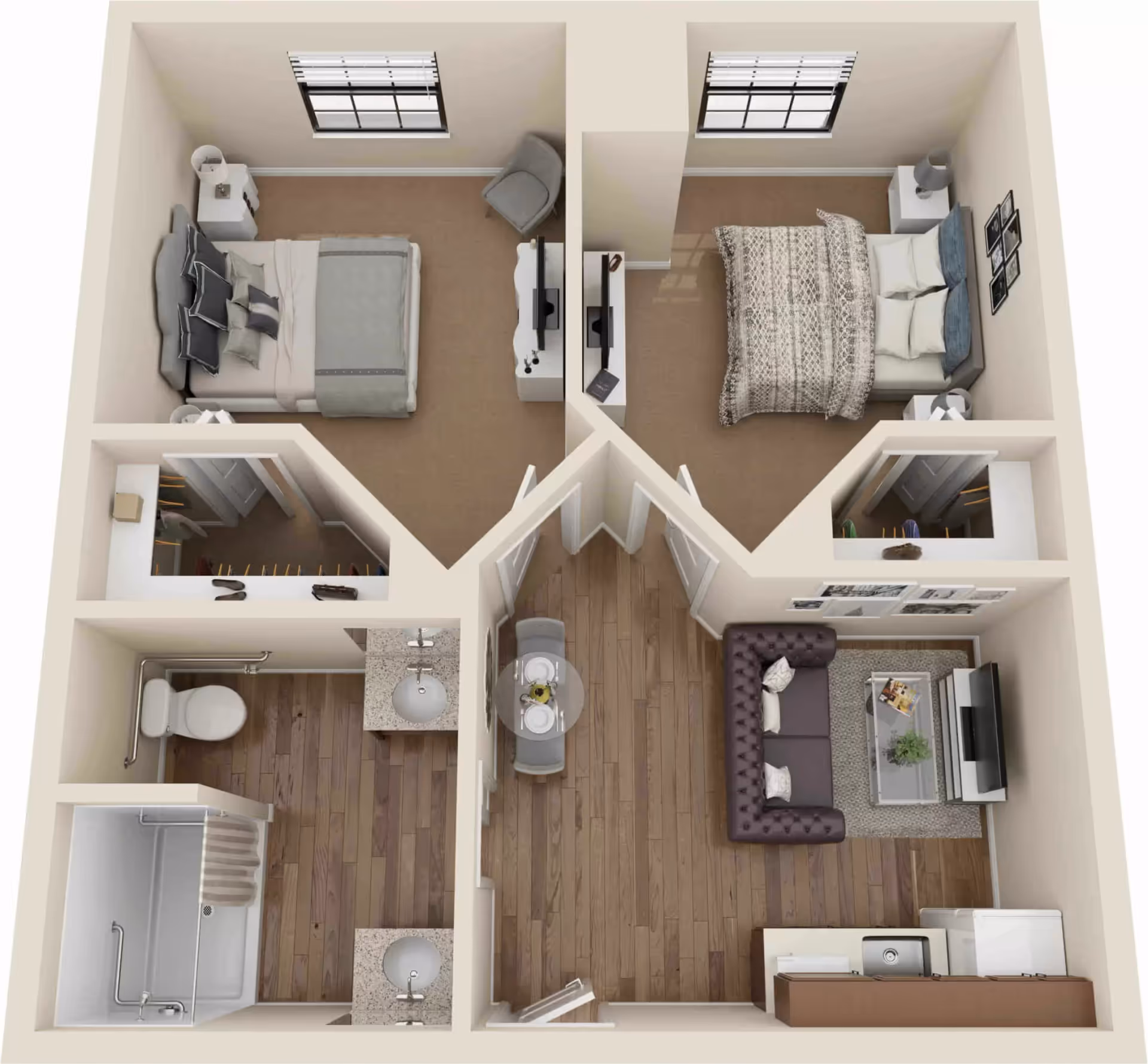 3D floor plan of a two-bedroom apartment showing a central living/dining area, kitchen, bathroom, and two bedrooms with closets.