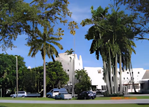 Exterior view of Fair Havens Center showing a white building partially obscured by tall palm trees and other greenery under a clear blue sky. Several parked cars are visible in front of the building.