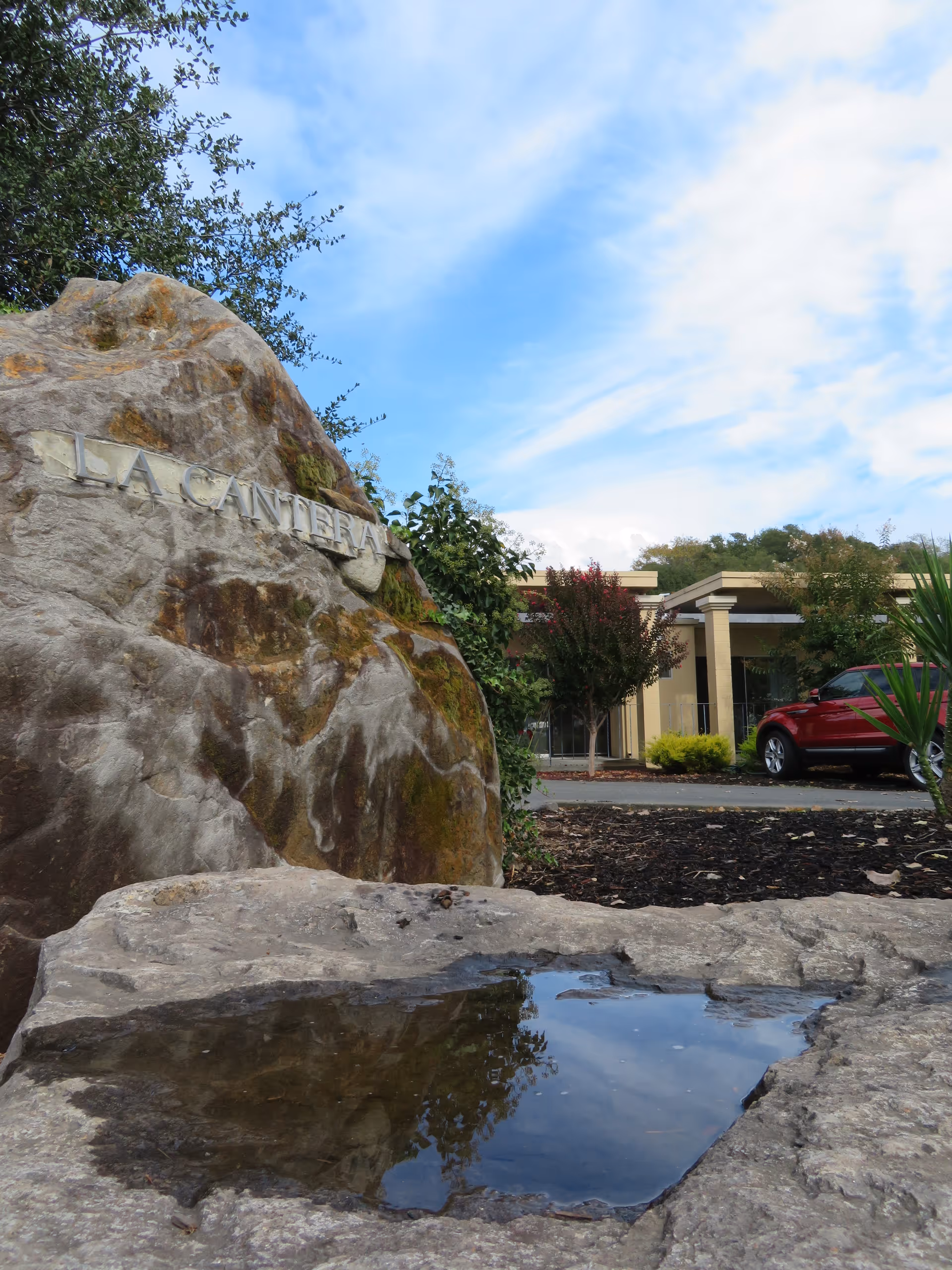 Exterior view of a facility entrance with a large carved rock, a shallow puddle on stone in the foreground, landscaping, and a parked red car.