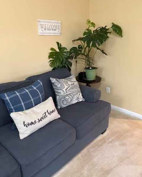 A cozy living room corner with a dark gray sofa adorned with three decorative pillows, one with a plaid pattern, one with a paisley design, and a rectangular pillow with the words 'home sweet home'. A small round side table next to the sofa holds a green potted plant with large leaves. A wall sign above the sofa reads 'WELCOME to our home'. The walls are painted beige and the floor is carpeted in a light color.