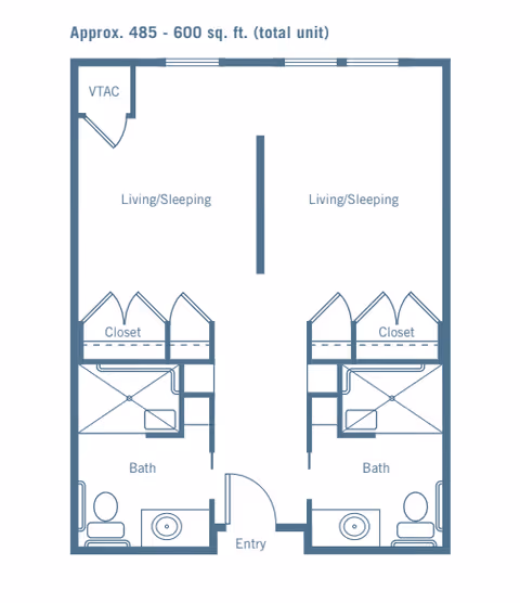 Floor plan layout of a unit approximately 485 to 600 square feet showing two living/sleeping areas, each with a closet and a bathroom. The entry is centrally located with a VTAC unit near one living/sleeping area.