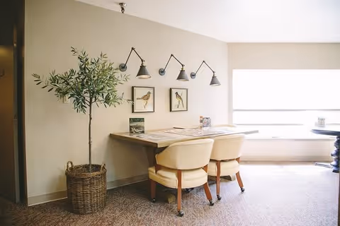 A cozy interior space with a wooden table against a beige wall, two cream-colored cushioned chairs with wooden legs on casters, a large potted plant in a woven basket to the left, three wall-mounted adjustable lamps above the table, and two framed bird illustrations on the wall. A large window on the right lets in natural light.