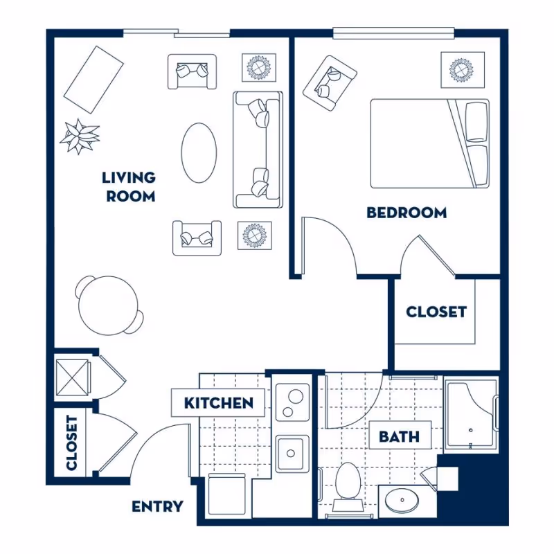 Floor plan of a one-bedroom apartment with labeled living room, kitchen, bedroom, closet, bath, and entry.