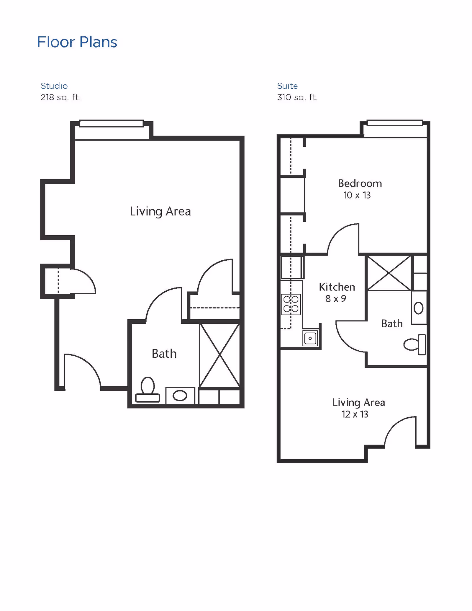 Floor plans for two types of living spaces at Brookdale Anderson (CLOSED). The left plan is a Studio with 218 sq. ft., featuring a living area and a bath. The right plan is a Suite with 310 sq. ft., including a bedroom (10 x 13), kitchen (8 x 9), living area (12 x 13), and bath.