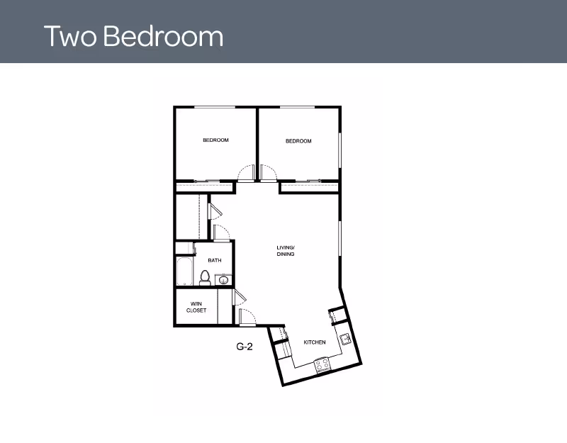 Floor plan layout of a two-bedroom apartment with labeled rooms including two bedrooms, a living/dining area, a kitchen, a bathroom, and a walk-in closet.