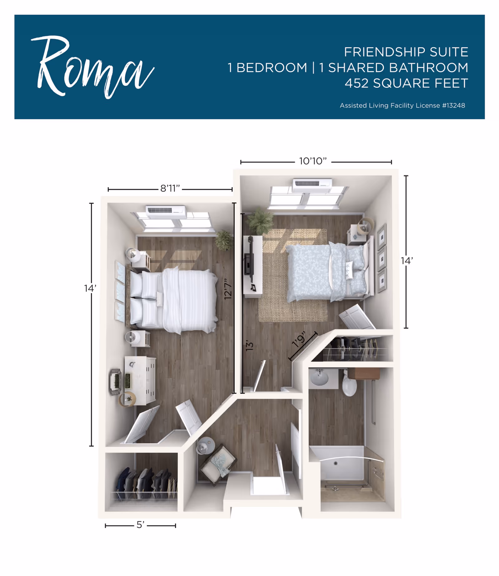 3D floor plan of the Roma Friendship Suite at Tuscan Gardens of Palm Coast Senior Living, featuring 1 bedroom and 1 shared bathroom with a total area of 452 square feet. The layout includes a bedroom with a bed, nightstands, and dresser, a living area with a chair, a second bedroom with a bed, nightstand, TV, and rug, a shared bathroom with a shower, toilet, and sink, and closets for storage. Dimensions of rooms and spaces are labeled.