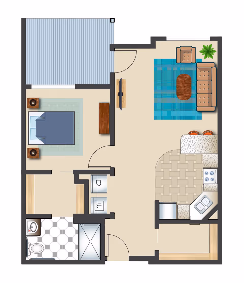 Floor plan of a one-bedroom apartment featuring a bedroom with a bed and two nightstands, a bathroom with a toilet and shower, a kitchen with appliances and a small dining area with two stools, and a living room with a sofa, armchair, coffee table, TV, and a plant. There is also a balcony accessible from the living room.
