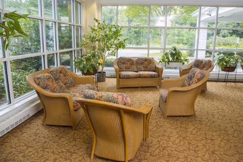 A bright sitting area with large windows showing greenery outside. The room contains a set of wicker furniture including a loveseat and four armchairs with floral cushions arranged in a circle on a patterned carpet. Several potted plants are placed near the windows.