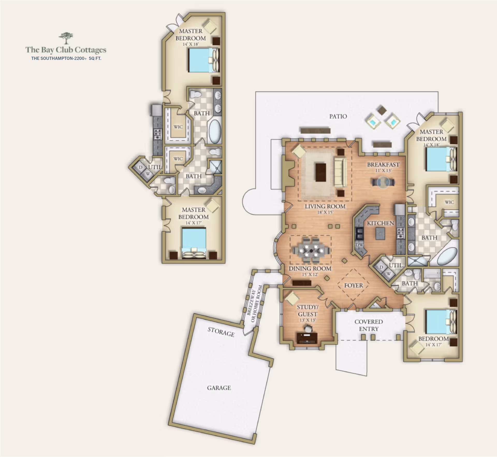 Architectural floor plan of The Bay Club Cottages, The Southampton model with over 2200 square feet. The layout includes multiple master bedrooms, bathrooms, a living room, dining room, kitchen, breakfast area, study/guest room, utility rooms, storage, garage, and a patio.
