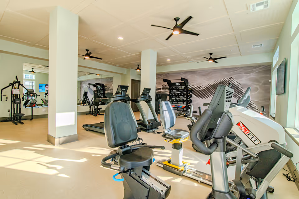 Bright exercise room with stationary bikes, treadmills, and a weight rack.