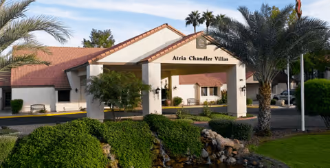 Entrance to Atria Chandler Villas facility with a covered driveway, surrounded by palm trees, bushes, and a small rock waterfall feature under a clear sky.