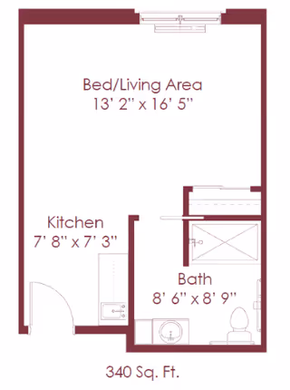 Floor plan of a 340 square feet senior living unit at Highgrove at Tates Creek, showing a combined bed and living area measuring 13 feet 2 inches by 16 feet 5 inches, a kitchen area measuring 7 feet 8 inches by 7 feet 3 inches, and a bathroom measuring 8 feet 6 inches by 8 feet 9 inches.