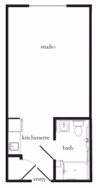 Floor plan of a studio apartment featuring an entry area leading to a kitchenette on the left, a bathroom on the right with a sink, toilet, and bathtub, and a large open studio living space.