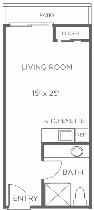 Floor plan of a living space at BridgePoint at Los Altos showing an entry leading into a 15 by 25 feet living room with a kitchenette area that includes a refrigerator and microwave. The living room has access to a patio and a closet. There is a bathroom with a shower, toilet, and sink near the kitchenette.