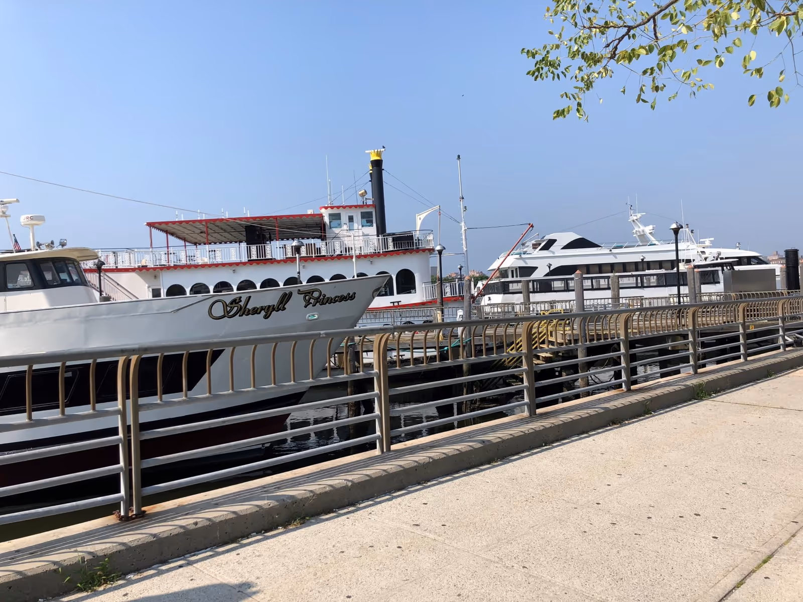 Boats docked at a marina with a metal railing and sidewalk in the foreground under a clear sky.