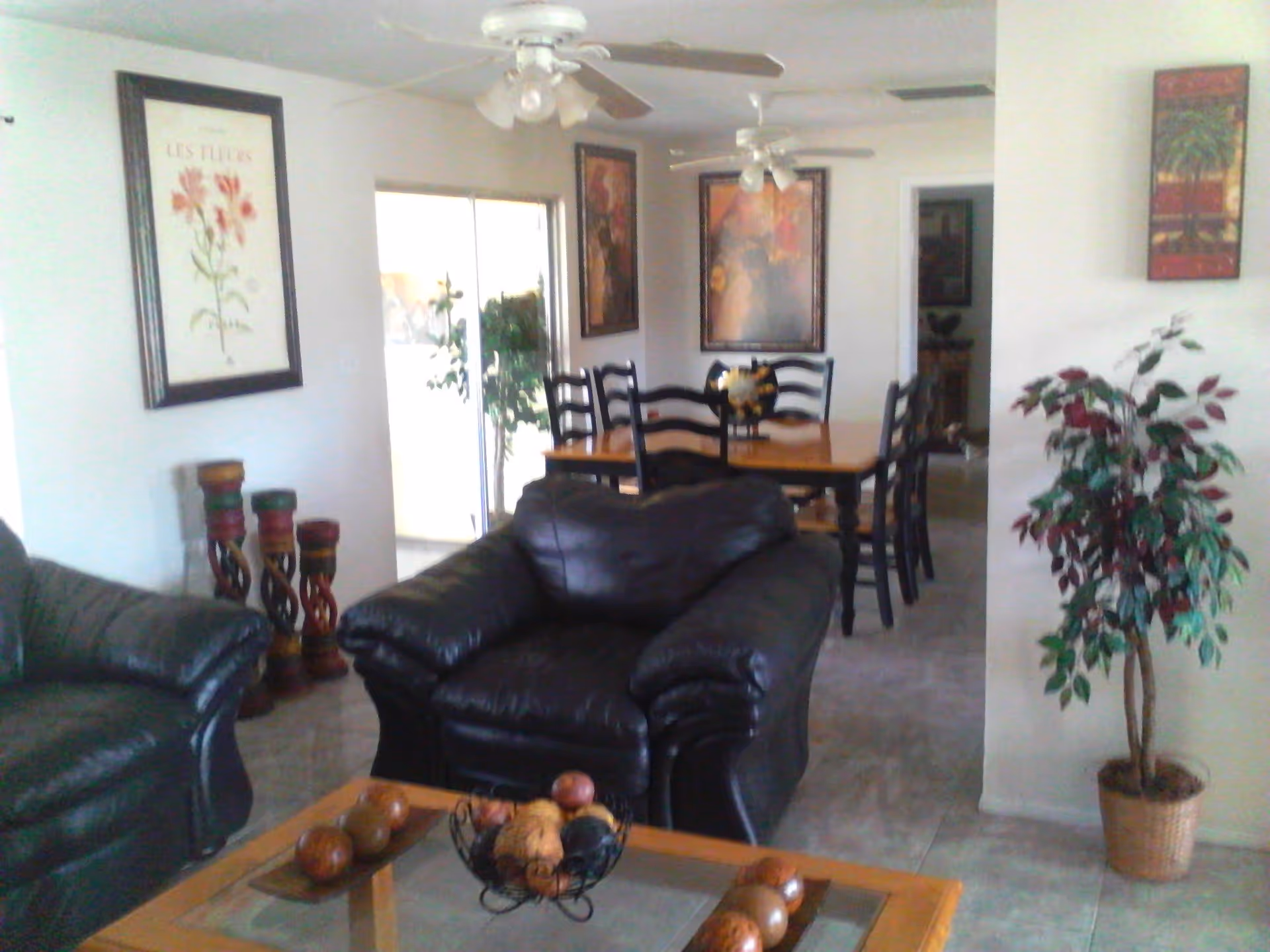Interior view of a living and dining area with black leather armchairs, a glass coffee table with decorative items, a wooden dining table with six chairs, ceiling fans, framed artwork on the walls, and a potted plant in the corner.