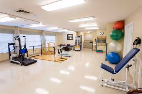 Spacious indoor rehab gym with treadmills, parallel bars, exercise balls, and a therapy chair.