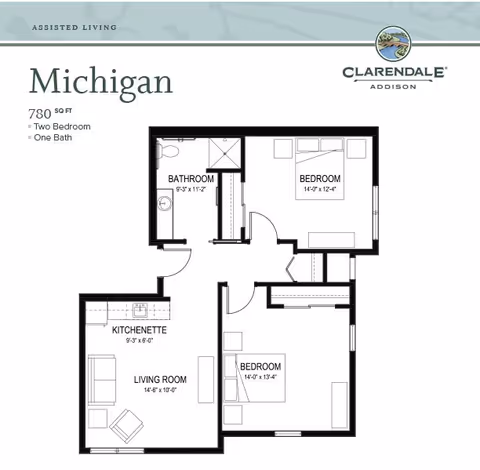 Floor plan of the Michigan apartment at Clarendale of Addison showing a two-bedroom, one-bath assisted living unit with a kitchenette and living room. The layout includes dimensions for each room.