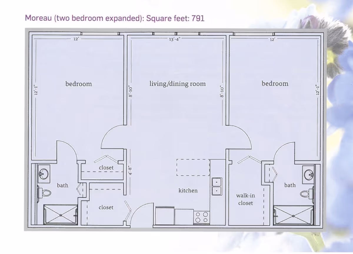 Floor plan of a two-bedroom, two-bath apartment with a central living/dining room, kitchen, and multiple closets.