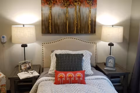 A single bed with patterned bedding and decorative pillows, flanked by two nightstands with lamps beneath a wall painting.