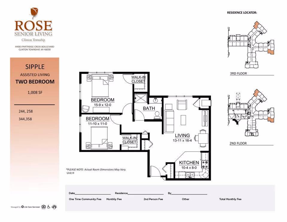 Two-bedroom assisted living floor plan for Rose Senior Living Clinton Township showing labeled bedrooms, living room, kitchen, bath, and closets.