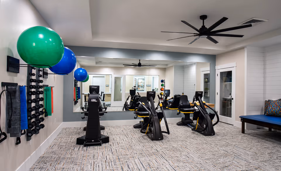 A fitness room with exercise equipment including stationary bikes and resistance bands mounted on the wall. Large green and blue exercise balls are also attached to the wall. The room has a large mirror on one wall, a ceiling fan, and a bench with a colorful pillow.