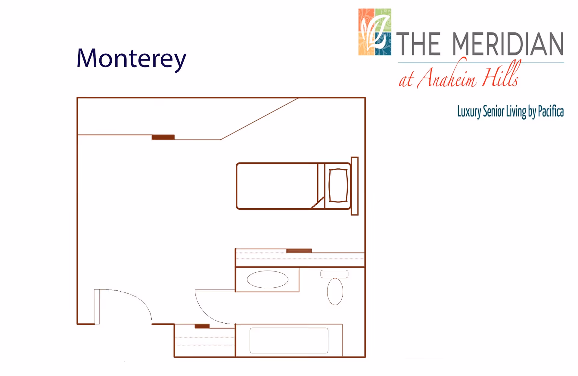 Floor plan labeled Monterey showing a layout with a bed, a bathroom with a sink, toilet, and bathtub, and an entry door. The image includes the logo and name of The Meridian at Anaheim Hills, a luxury senior living facility by Pacifica.