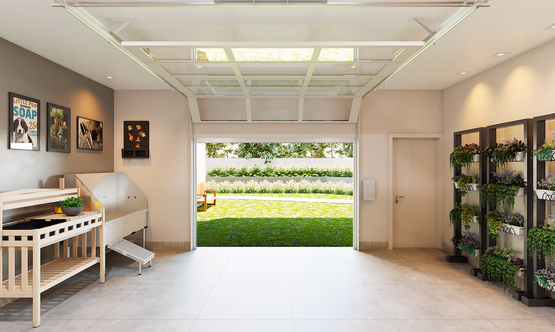 Bright interior room with a pet-wash station and shelves of potted plants opening through a glass garage-style door onto a grassy yard.